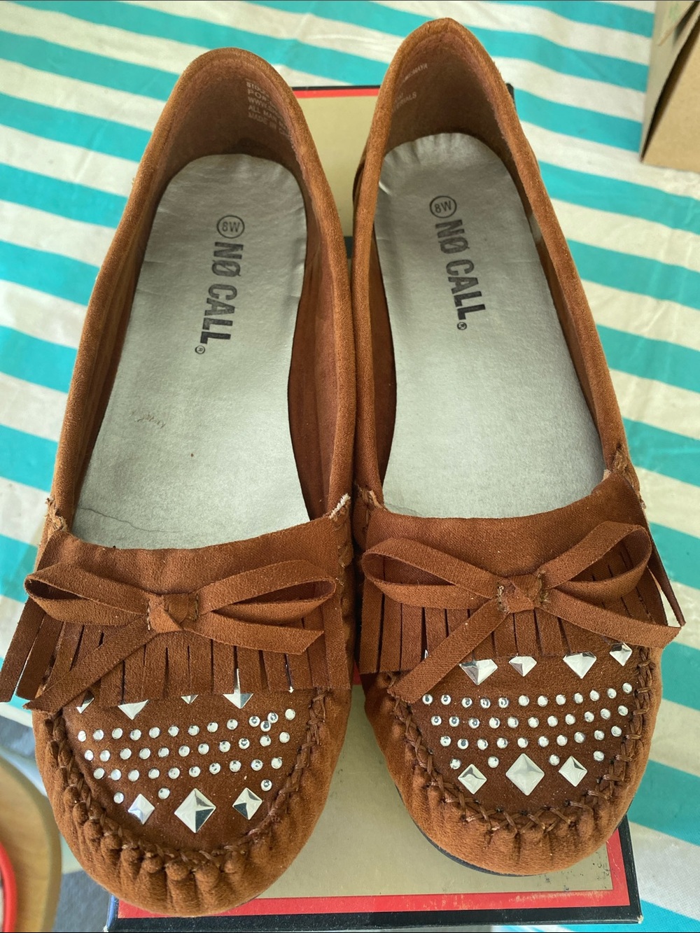Women's Tan Suede Studded Fringe Moccasins